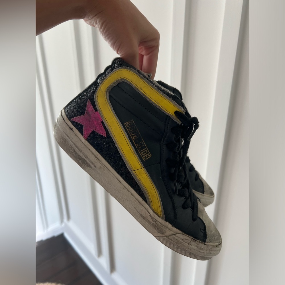 Golden Goose Slide High Top Sneakers Black and Yellow Glitter Pink Star Size 37